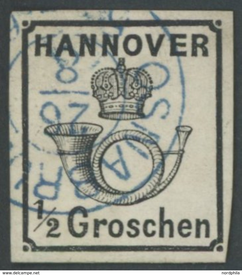 HANNOVER 17y O, 1860, 1/2 Gr. Schwarz, Blauer R2 OSNABRÜCK, Pracht, Mi. 250.- - Hannover
