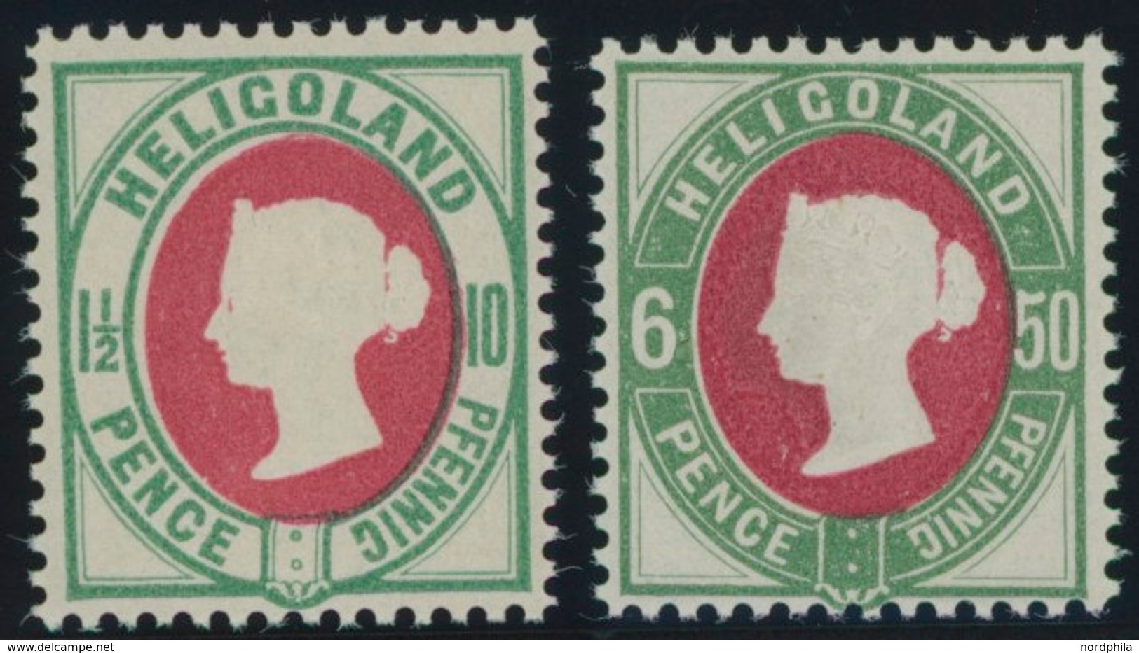 HELGOLAND 14e,16b **, 1890, 10 Pf. Bläulichgrün/karmin Und 50 Pf. Grün/dunkelkarmin, 2 Postfrische Prachtwerte, Mi. 65.- - Héligoland