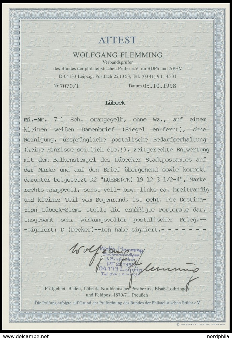 LÜBECK 7 BRIEF, 1862, 1 S. Schwärzlichgelborange, Linkes Randstück Mit Balkenstempel Auf Kleinem Brief Nach Lübeck-Siems - Luebeck