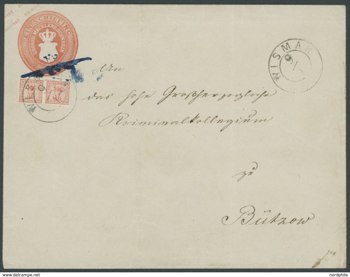 MECKLENBURG SCHWERIN 1 BRIEF, 1856, 2/4 S. Graurot Als Zusatzfrankatur Auf 1 S. Ganzsachenumschlag (U 1b) Mit K2 WISMAR  - Mecklenburg-Schwerin