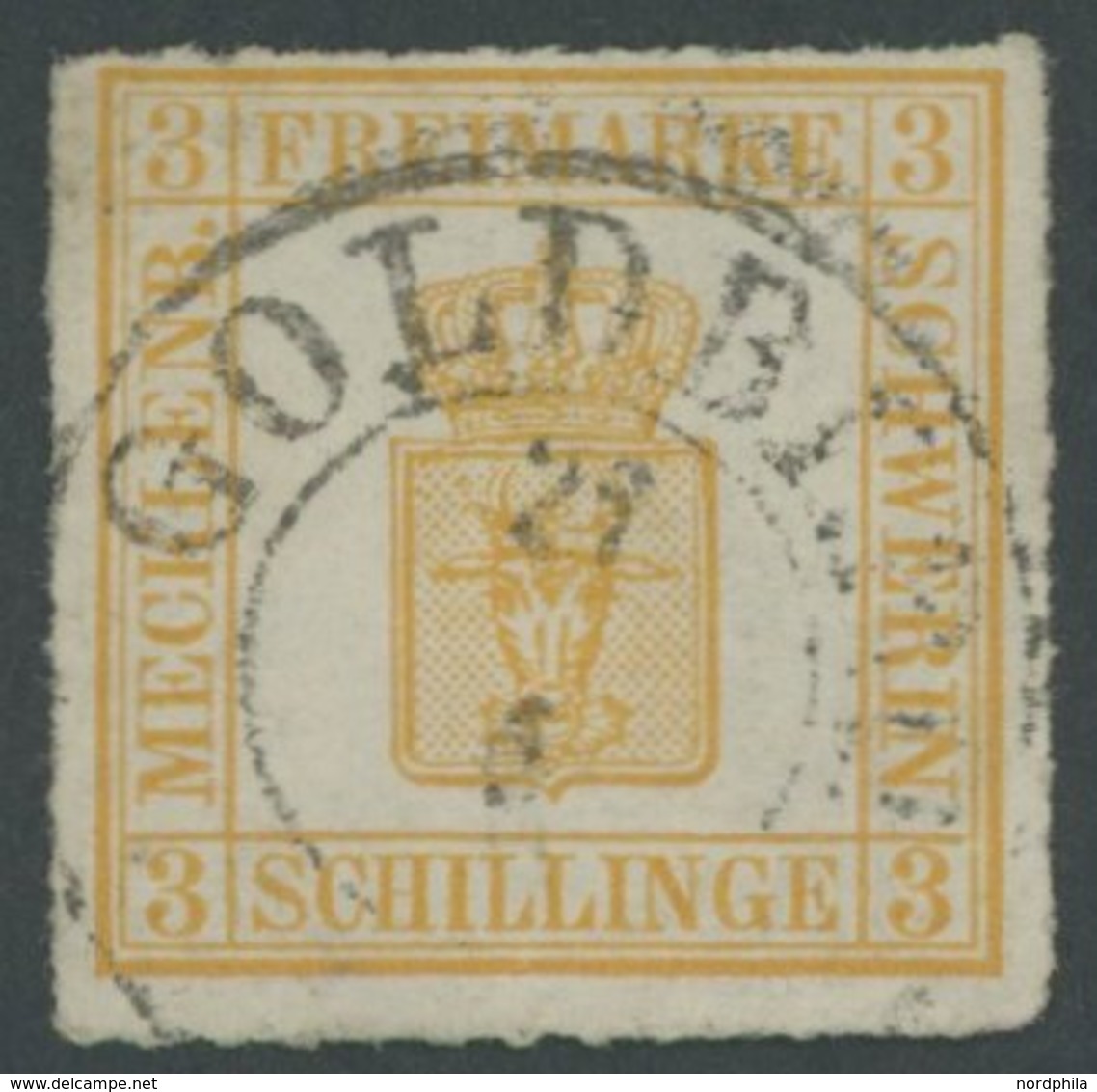 MECKLENBURG SCHWERIN 7I O, 1864, 3 S. Gelblichorange, Geripptes Papier, K2 GOLDBERG, Mi. 150.- - Mecklenburg-Schwerin