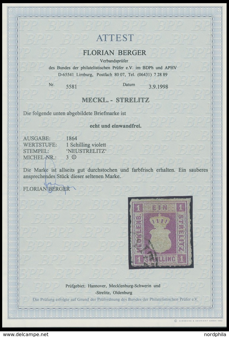 MECKLENBURG-STRELITZ 3 O, 1864, 1 S. Grauviolett, Farbfrisches Prachtstück, RR!, Fotoattest Berger, Mi. (4000.-) - Mecklenbourg-Strelitz