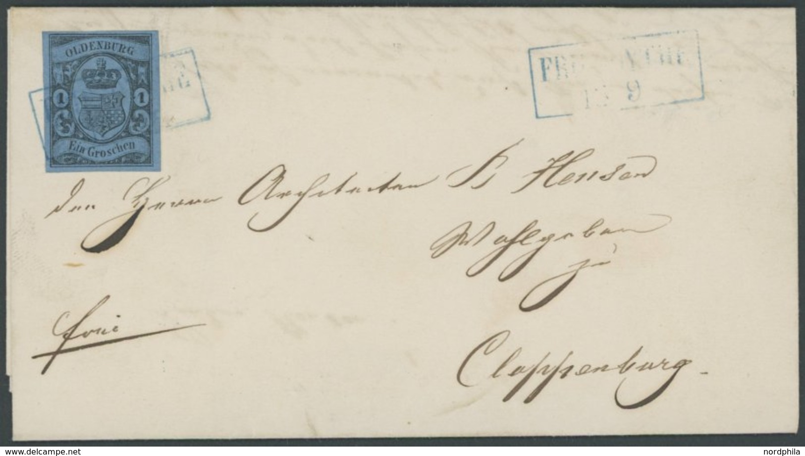 OLDENBURG 6a BRIEF, 1861, 1 Gr. Schwarz Auf Hellblau, Blauer R2 FRIESOYTHE Auf Brief Nach Cloppenburg, Pracht - Oldenbourg
