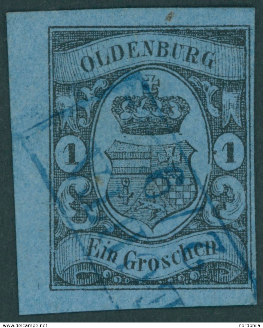 OLDENBURG 6a O, 1859, 1 Gr. Schwarz Auf Hellblau, Linkes Randstück Mit Blauem R2 VECHTA, Pracht - Oldenbourg