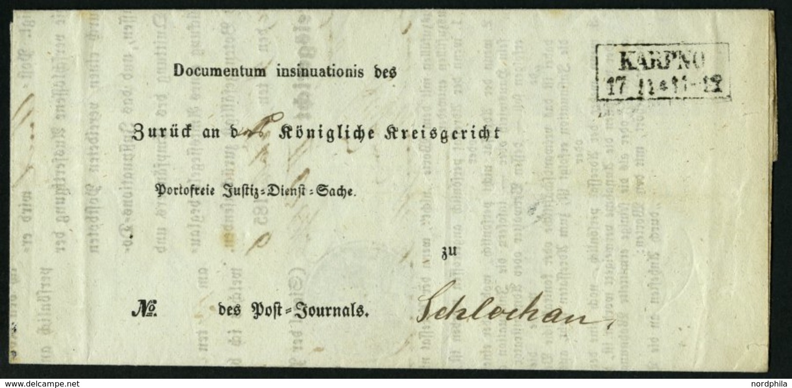 PREUSSEN KARPNO, R2 Auf Insinuations-Dokument (1856) Nach Schlochau, Innen Mit Seltenem Krone-Posthorn-Stempel KARPNO, P - Altri & Non Classificati