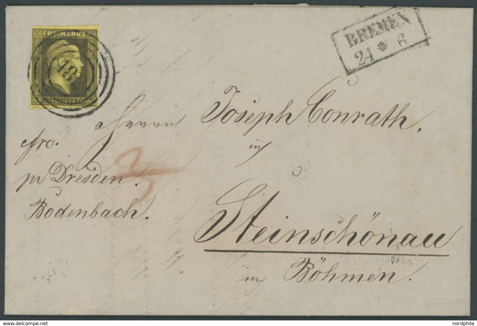 PREUSSEN 4a BRIEF, 1852, 3 Sgr. Schwarz Auf Gelb Mit Nummernstempel 182 Auf Brief Von BREMEN Nach Steinschönau, Diverse  - Autres & Non Classés