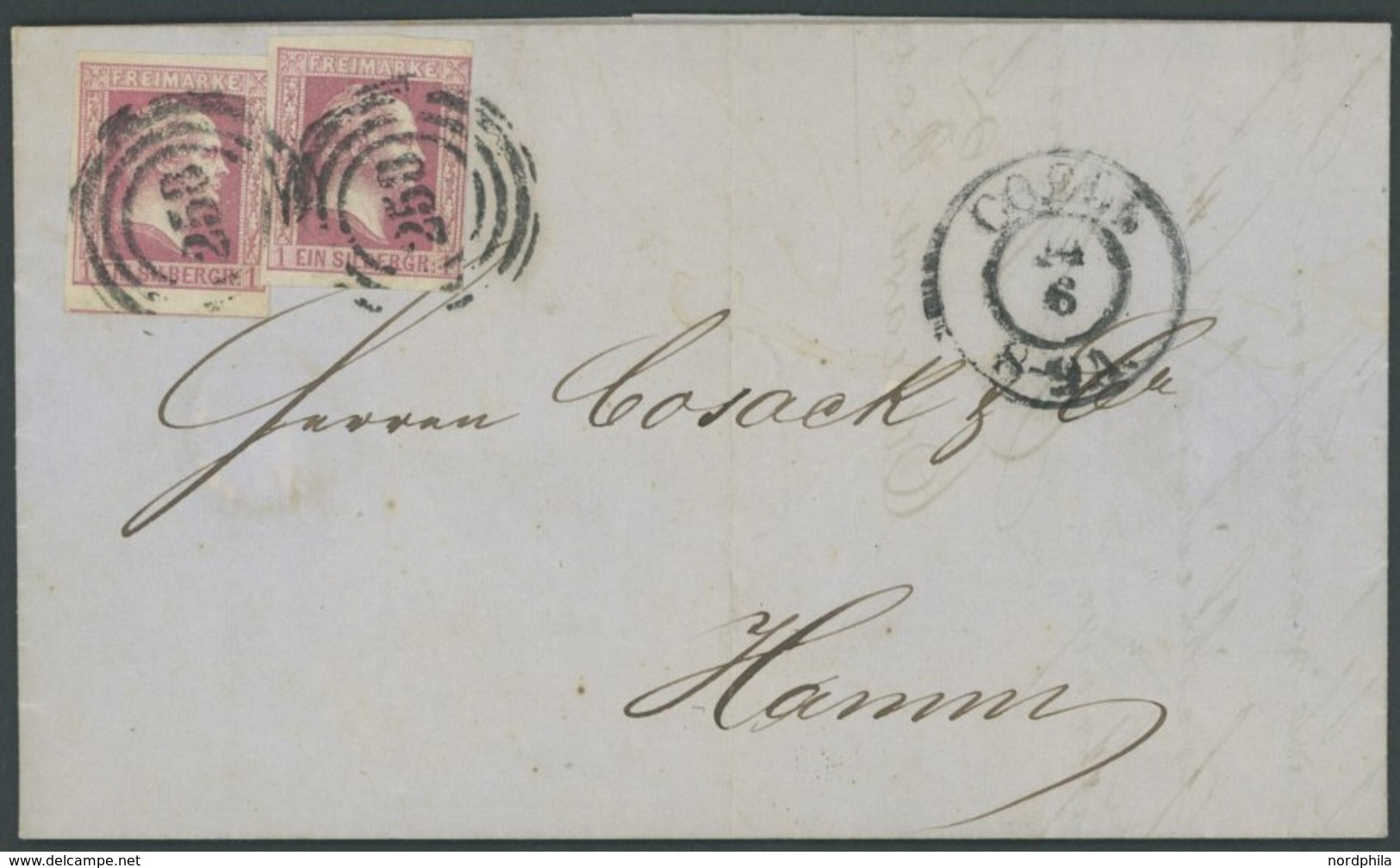 PREUSSEN 6a BRIEF, 1858, 1 Sgr. Rosa, 2x Auf Brief Mit Nummernstempel 258 Von COELN Nach Hamm, Rechte Marke Oben Rechts  - Sonstige & Ohne Zuordnung