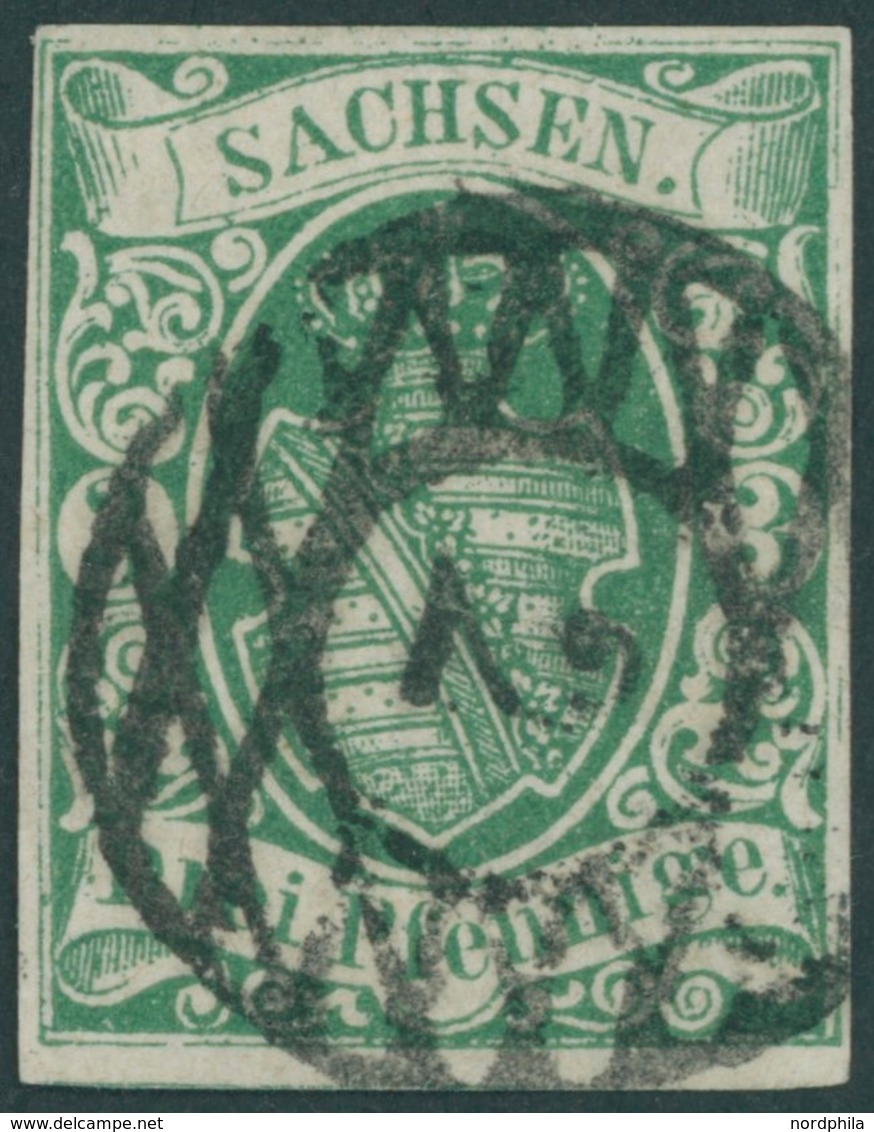 SACHSEN 2IIa O, 1851, 3 Pf. Saftiggrün, Nummernstempel 2, Breitrandig, Pracht, Mi. 120.- - Saxe
