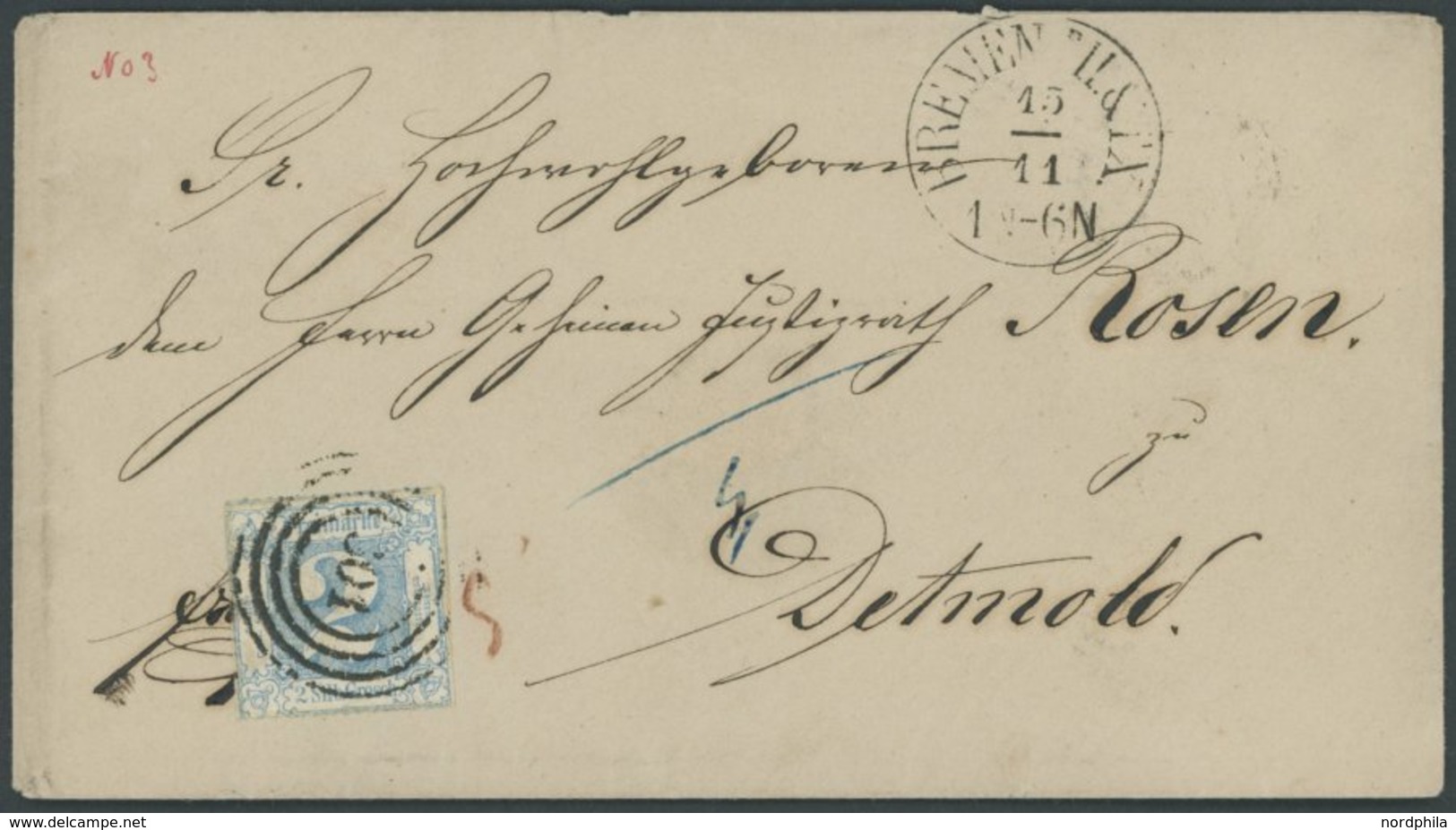 THURN Und TAXIS 39 BRIEF, 1865, 2 Sgr. Hellblau Mit Nummernstempel 201 (BREMEN TuT) Auf Brief Nach Detmold, Pracht - Other & Unclassified