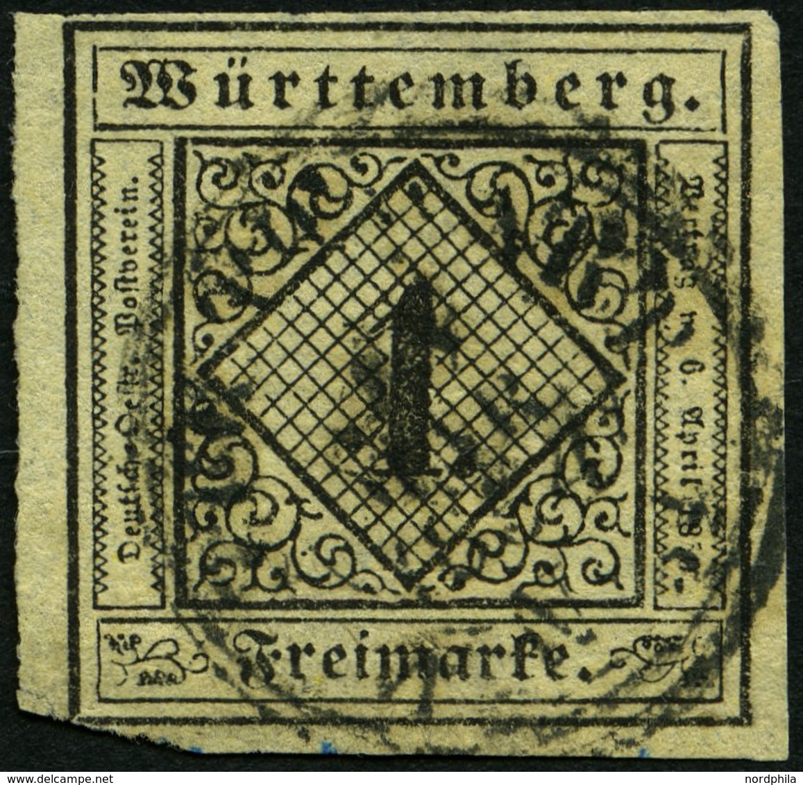 WÜRTTEMBERG 1yb O, 1851, 1 Kr. Schwarz Auf Mittelgraugelbem Seidenpapier, Untere Linke Ecke Leicht Knapp Sonst Pracht, G - Sonstige & Ohne Zuordnung