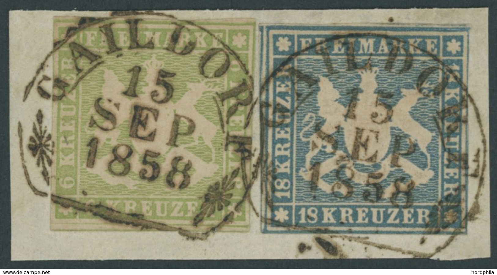 WÜRTTEMBERG 8a,10a BrfStk, 1858, 6 Kr. Gelblichgrün Und 18 Kr. Hellblau, Je Zweiseitig Breitrandig, Zusammen Auf Einem D - Altri & Non Classificati