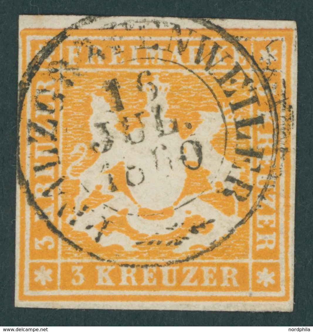 WÜRTTEMBERG 12 O, 1859, 3 Kr. Gelborange, Zentrischer K2 PFALZGRAFENWEILER, Große Originalgummiteile, Pracht - Otros & Sin Clasificación