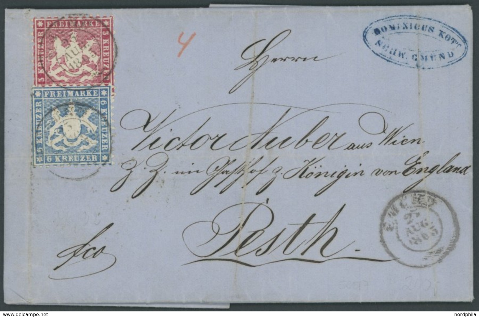 WÜRTTEMBERG 26a,27a BRIEF, 1865, 3 Kr. Karmin Und 6 Kr. Blau Auf Brief (mit Inhalt) Von GMÜND Nach Pesth, Pracht - Other & Unclassified