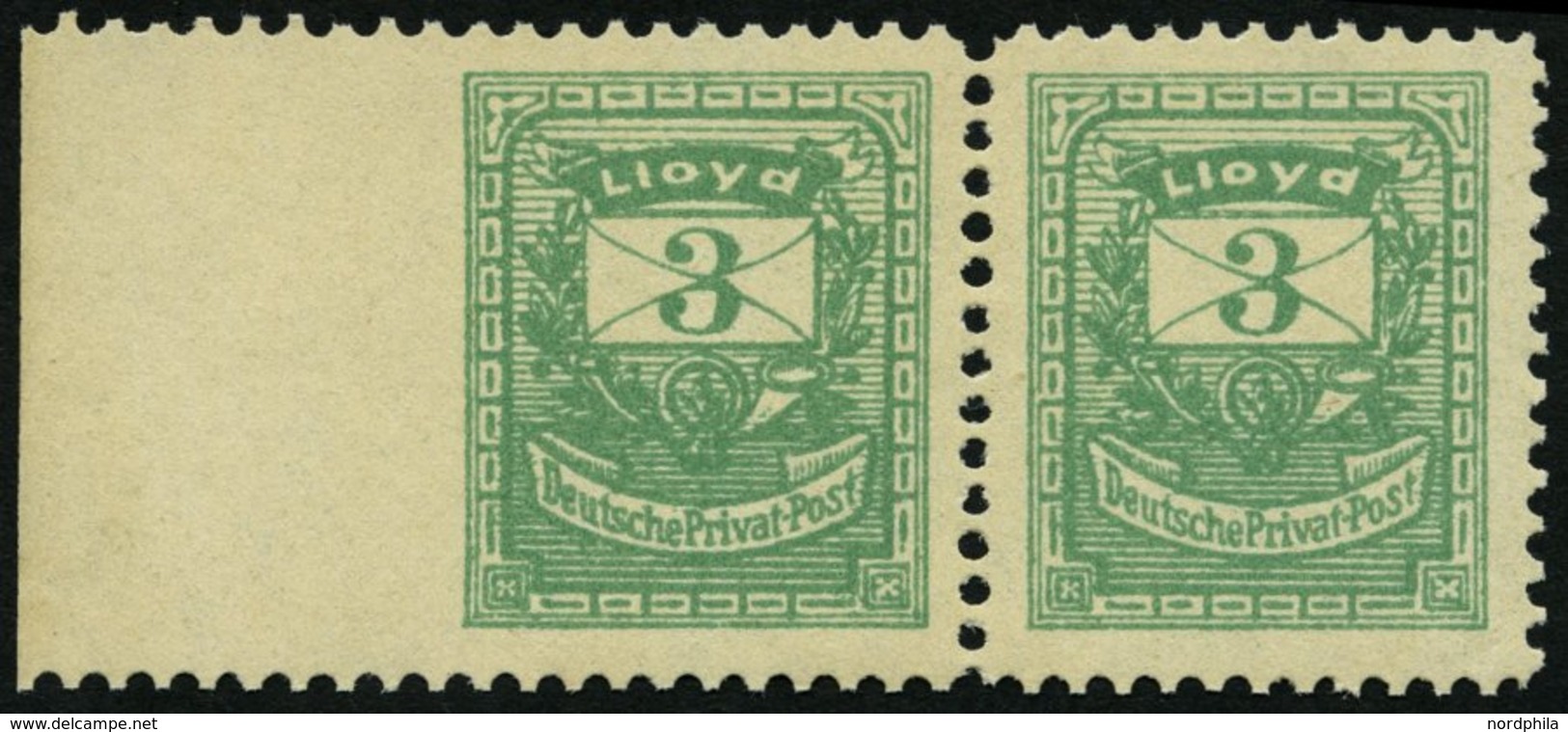 BERLIN E 2UL **, LLOYD: 1886, 3 Pf. Grün, Links Ungezähnt, Randpaar Mit Normaler Marke, Pracht - Private & Local Mails
