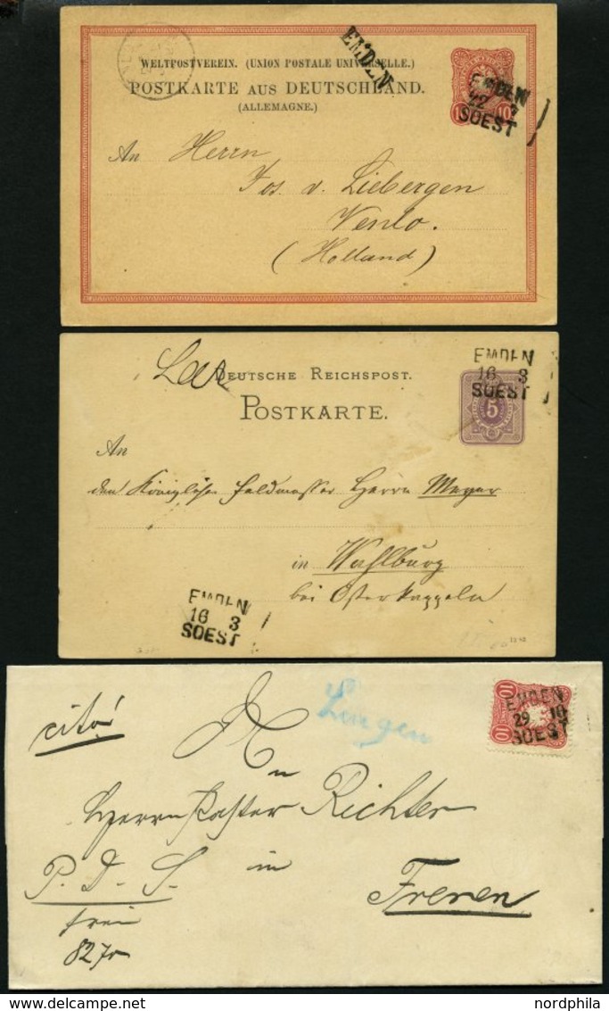 BAHNPOST DR 41 BRIEF, Emden-Soest, L3, 1879-1886, Auf 3 Ganzsachenkarten Und Einem Brief Mit 10 Pf. Karmin, Fast Nur Pra - Franking Machines (EMA)