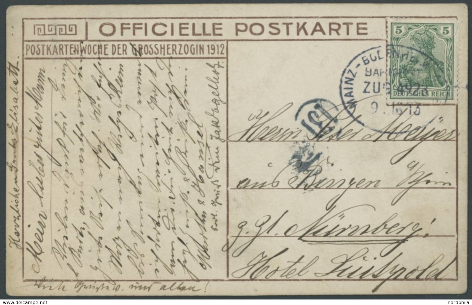 BAHNPOST Mainz-Bodenheim-Worms (Zug 4923), Spät Verwendete Ansichtskarte (Herzogliche Familie) Mit 5 Pf. Germania (1913) - Macchine Per Obliterare (EMA)