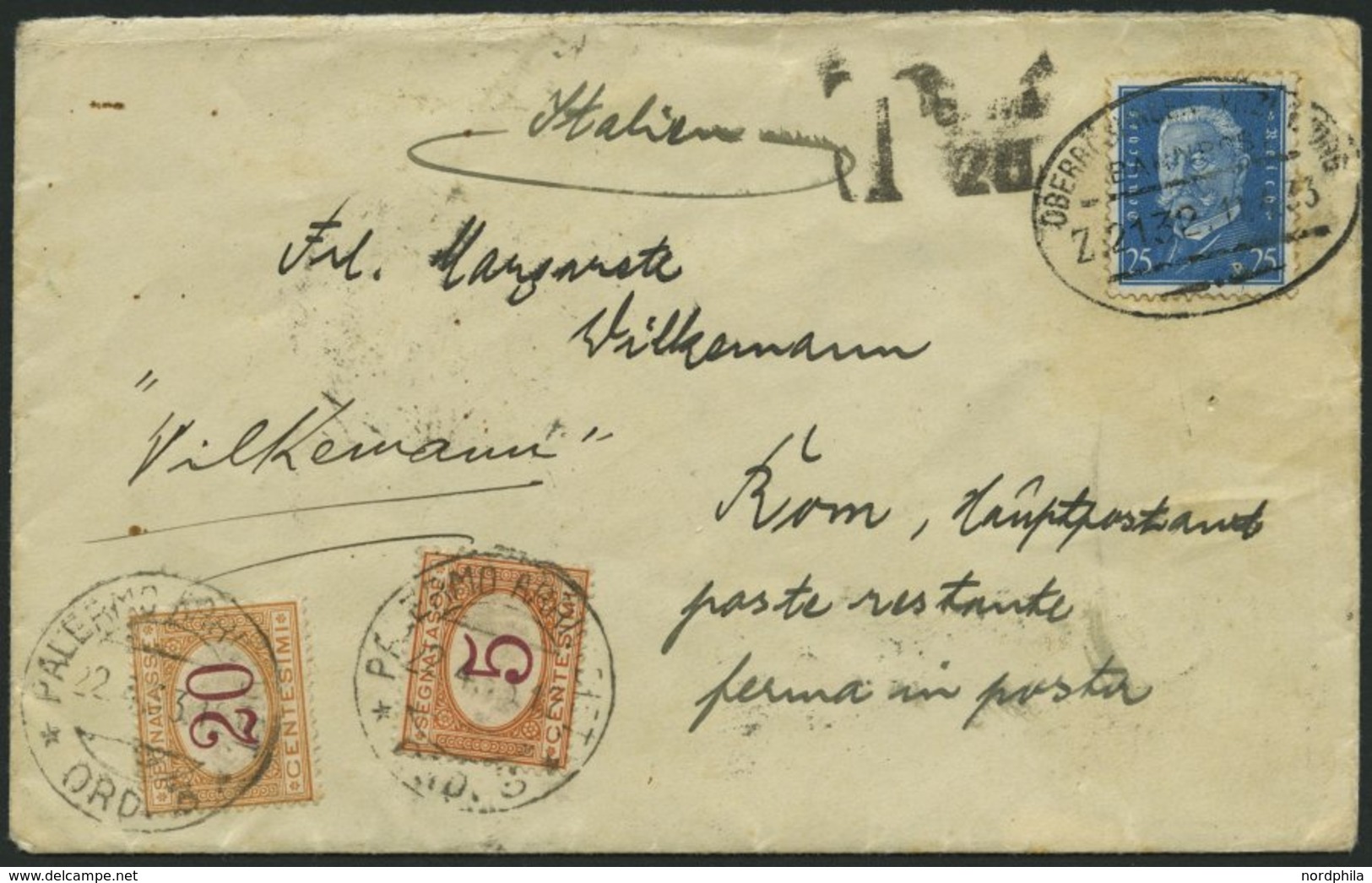 BAHNPOST DR 416 BRIEF, Ober (Zug 2132) Auf Brief Nach Rom/Italien Von 1933 Mit 25 Pf. Hindenburg Und Italienischen Nachp - Macchine Per Obliterare (EMA)