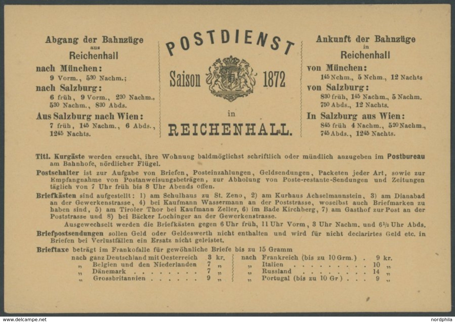 BAHNPOST 1872, Postdienst Bad Reichenhall Saison 1872, Detaillierte Informationskarte über Den Post- Und Bahndienst, Pra - Macchine Per Obliterare (EMA)