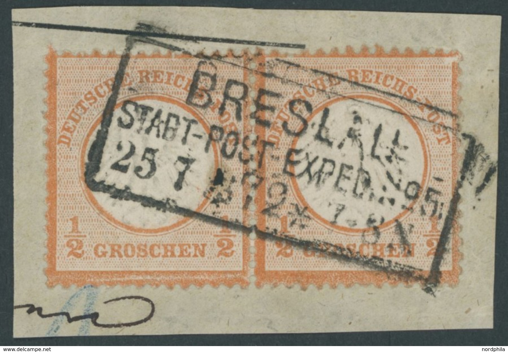 Dt. Reich 3 Paar BrfStk, 1872, 1/2 Gr. Ziegelrot Im Waagerechten Paar, R3 BRESLAU STADT-POST-EXPED. N 95, Normale Zähnun - Oblitérés