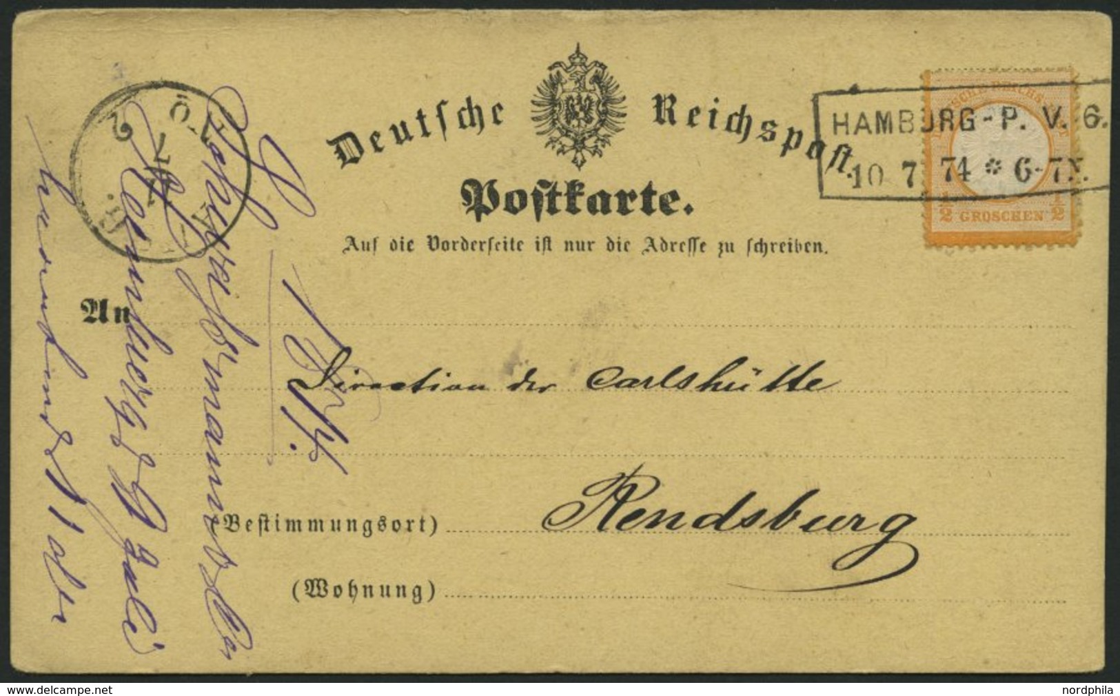 Dt. Reich 18 BRIEF, 1874, 1/2 Gr. Orange Auf Postkarte Mit R2 HAMBURG-P.V.6, Nach Rendsburg, Pracht - Usati