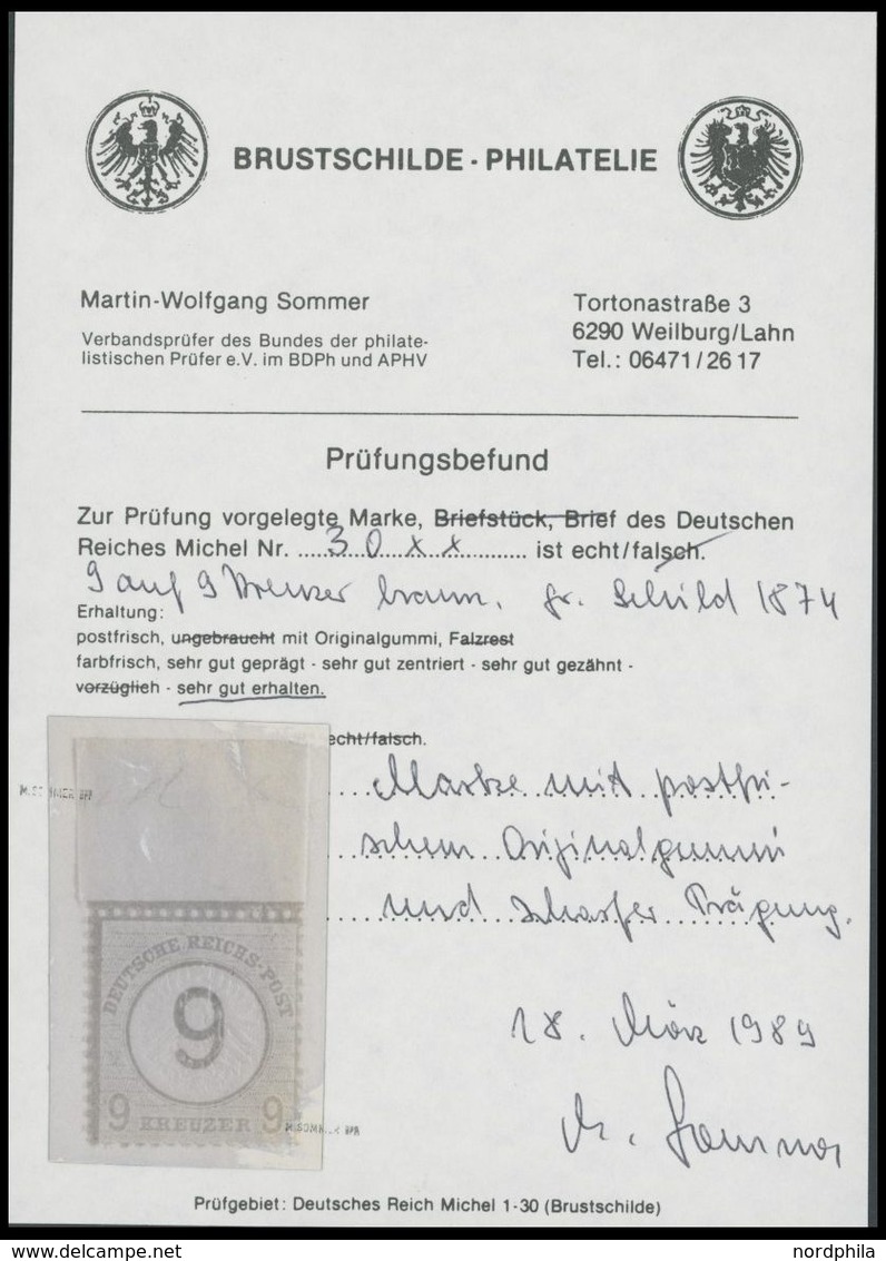 Dt. Reich 30 **, 1874, 9 Auf 9 Kr. Braunorange Mit Breitem Oberrand, Postfrisch, Pracht, Fotobefund Sommer - Usati