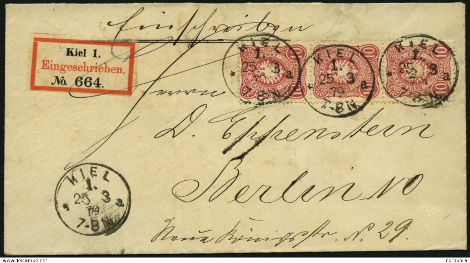 Dt. Reich 33a BRIEF, 1879, 10 Pfe. Karmin Im Senkrechten Dreierstreifen Auf Einschreibbrief Mit R-Zettel KIEL 1 Nach Ber - Used Stamps