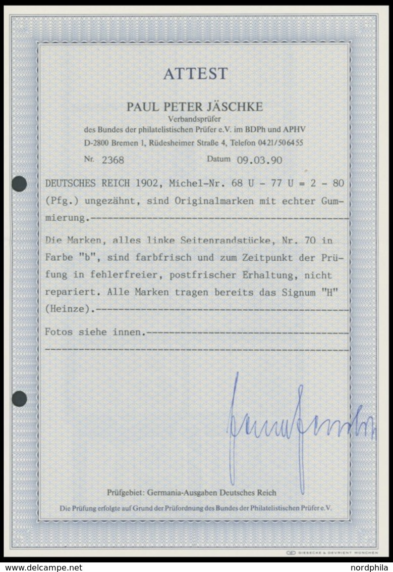 Dt. Reich 68-77U **, 1902, 2 - 80 Pf. Germania, Ohne Wz., Ungezähnt, Alle Einheitlich Mit Linkem Seitenrand, Postfrische - Altri & Non Classificati