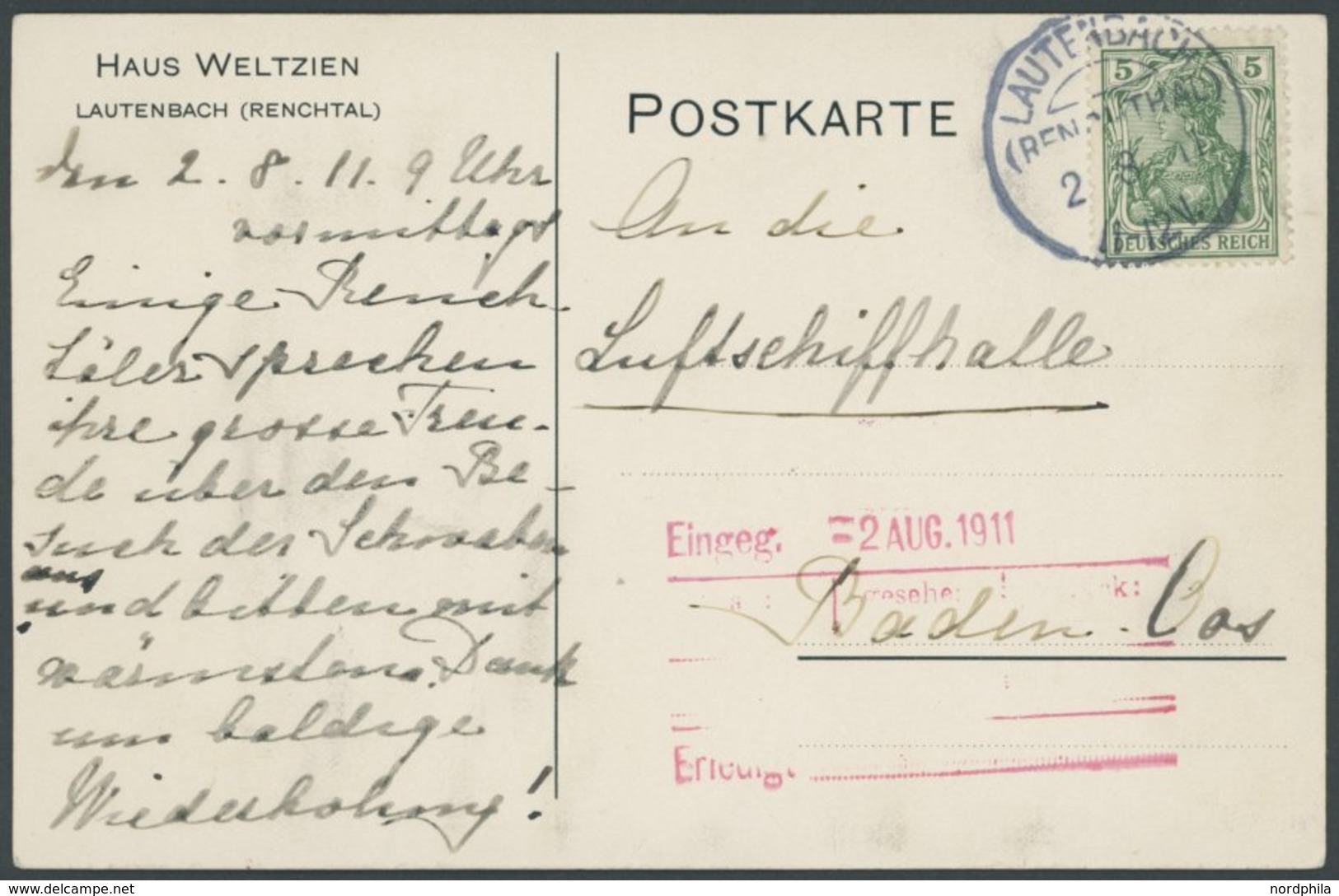 Dt. Reich 70 BRIEF, 1908, 5 Pf. Germania Auf Ansichtskarte An Die Luftschiffhalle Mit Eingangsstempel Baden-Oos, Pracht - Otros & Sin Clasificación