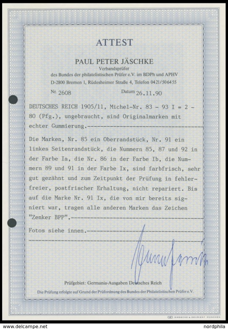 Dt. Reich 83-93I **, 1905/11, Germania, Friedensdruck, Postfrischer Prachtsatz, Gepr. Zenker Und Fotoattest Jäschke, Mi. - Otros & Sin Clasificación