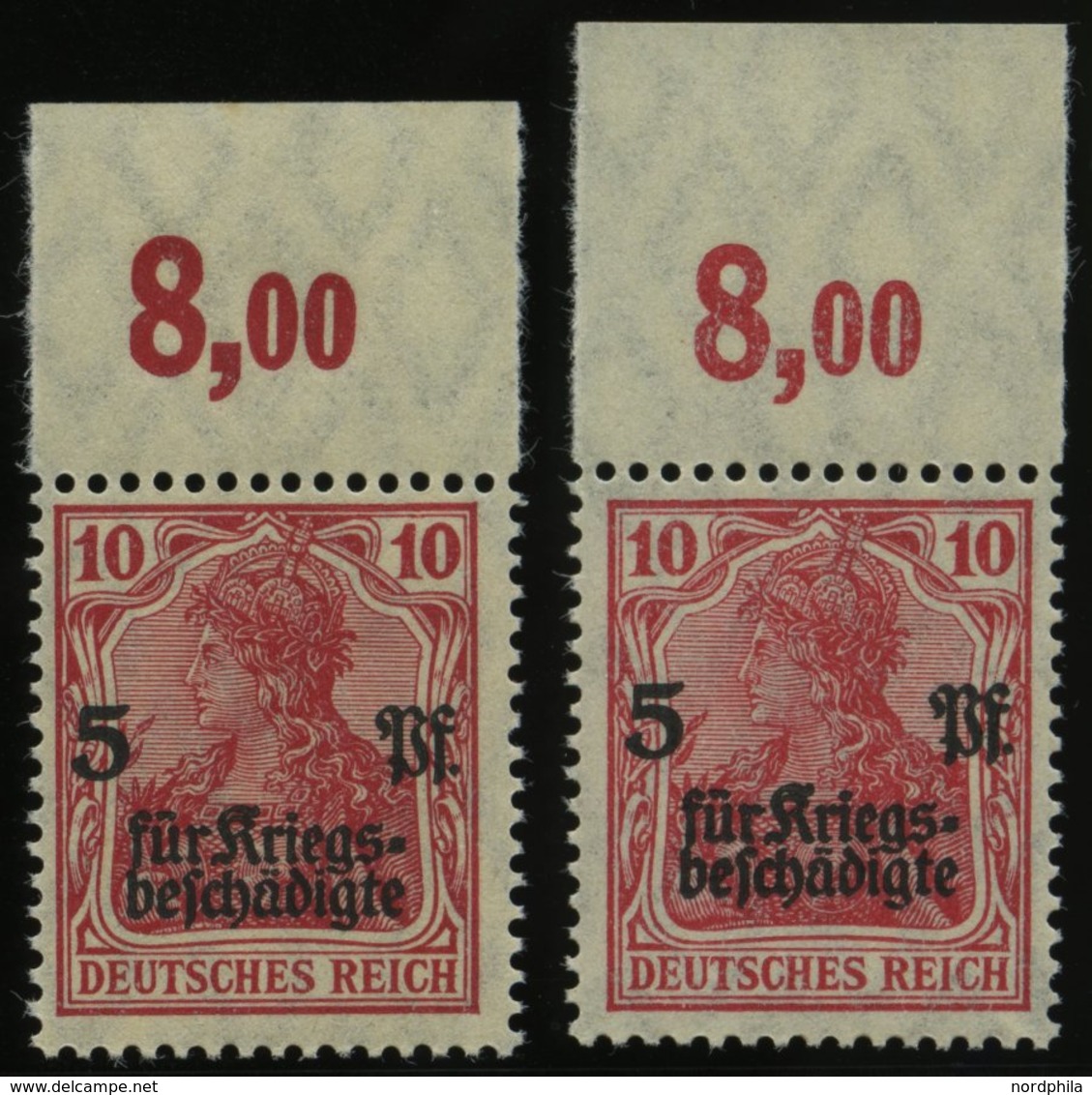 Dt. Reich 105aPOR **, 1919, 10 Pf. Rot Kriegsgeschädigte, Plattendruck, Oberrandstück, 2 Verschiedene Nuancen, Pracht, G - Usados