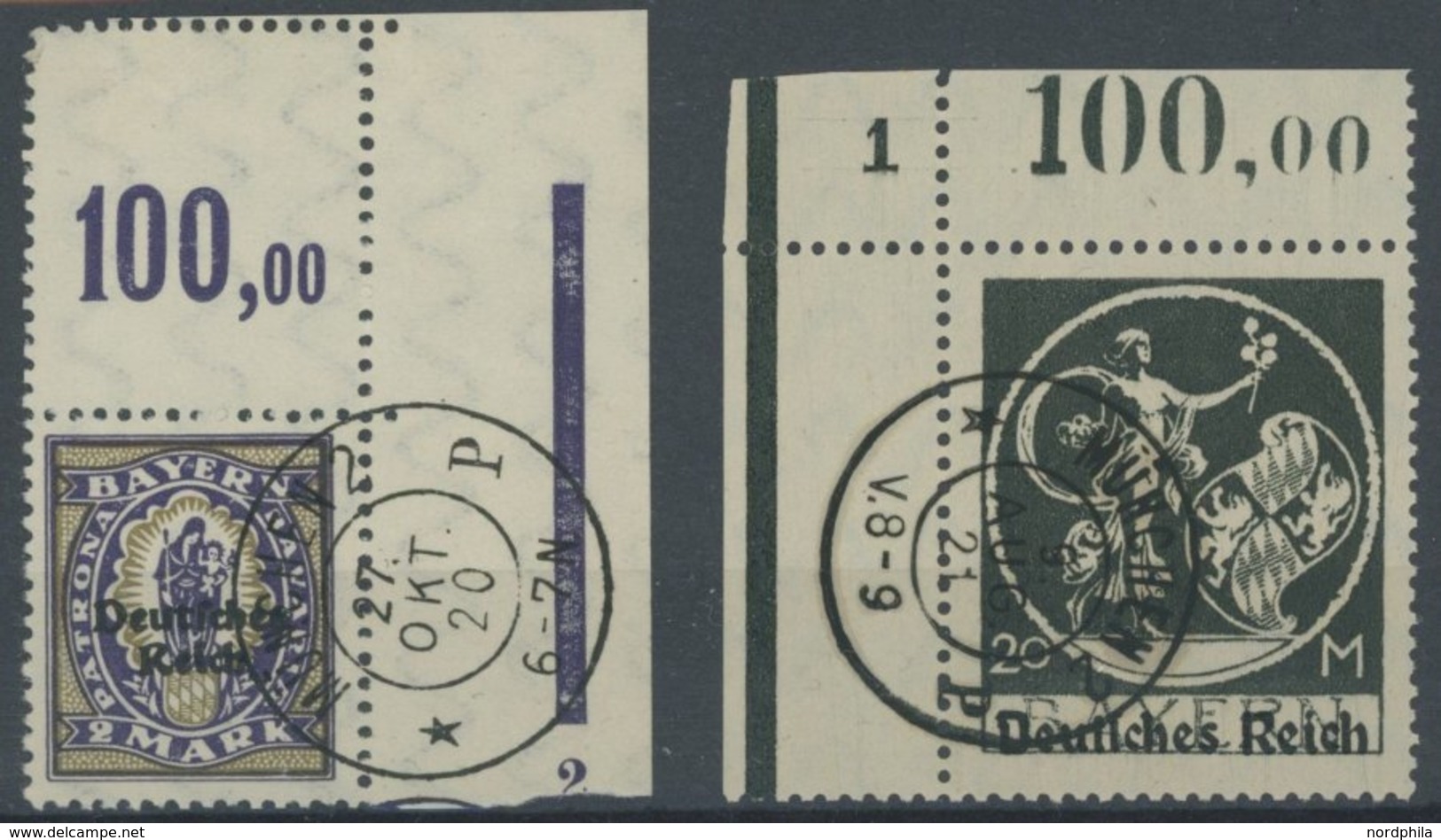 Dt. Reich 132,138I O, 1920, 2 M. Dunkelbläulichviolett/graubraun Und 20 M. Olivschwarz, Type I, Je Aus Der Oberen Bogene - Gebraucht
