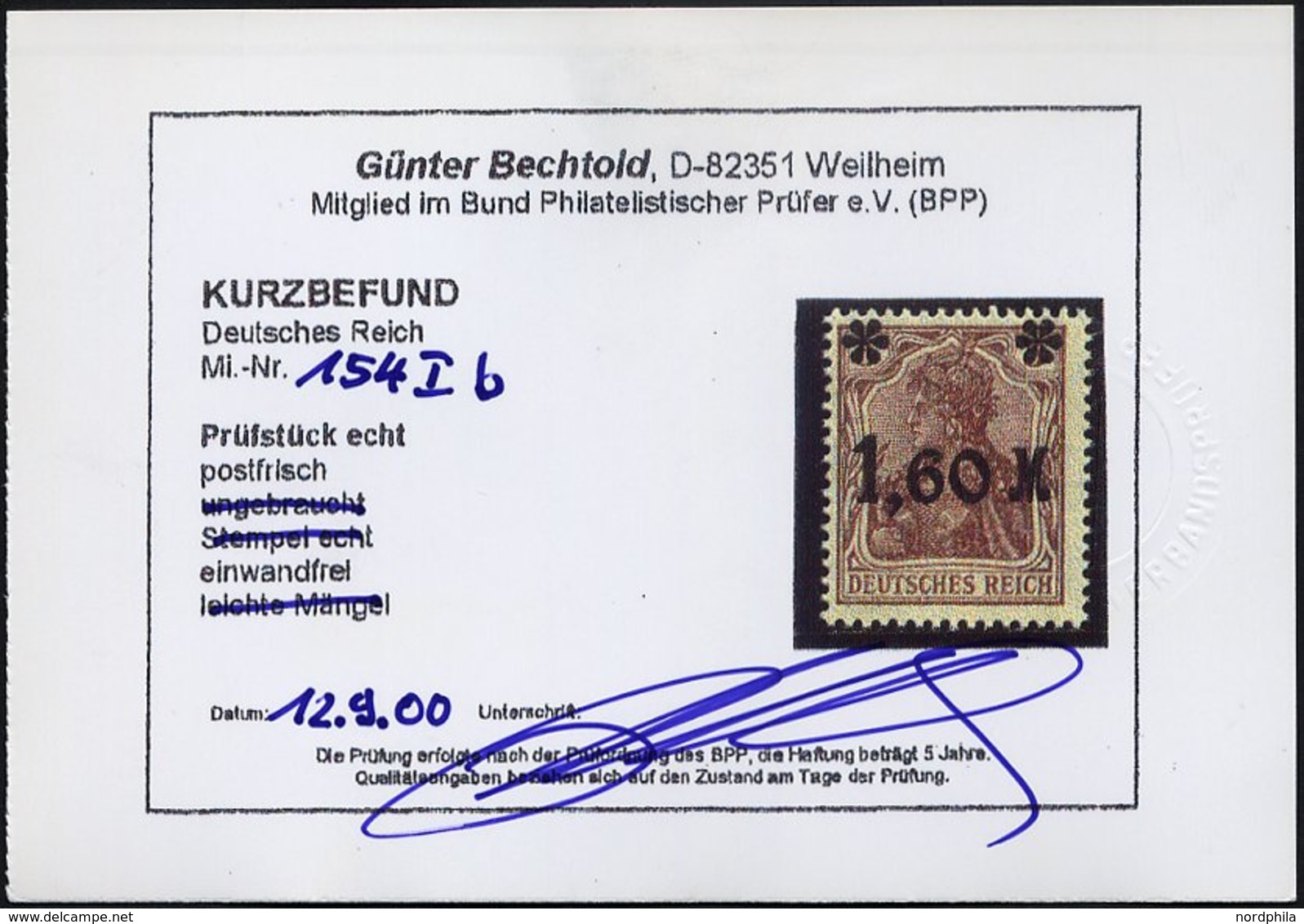 Dt. Reich 154Ib **, 1921, 1.60 M. Auf 5 Pf. Dunkelbraun, Aufdruck Mattglänzend, Pracht, Fotobefund Bechtold, Mi. 230.- - Used Stamps