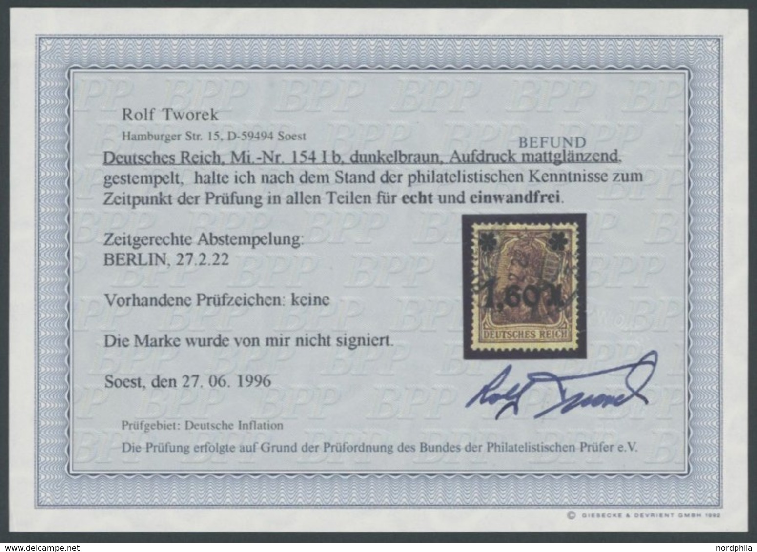 Dt. Reich 154Ib O, 1921, 1.60 M. Auf 5 Pf. Dunkelbraun, Aufdruck Mattglänzend, Pracht, Fotobefund Tworek, Mi. 550.- - Gebraucht