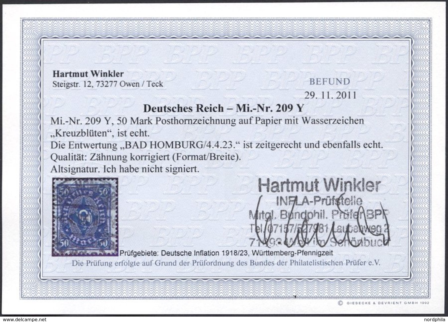 Dt. Reich 209PY O, 1922, 50 M. Schwarzbläulichgrün, Wz. Kreuzblüten, Zähnung Etwas Korrigiert Sonst Pracht, Fotobefund W - Used Stamps