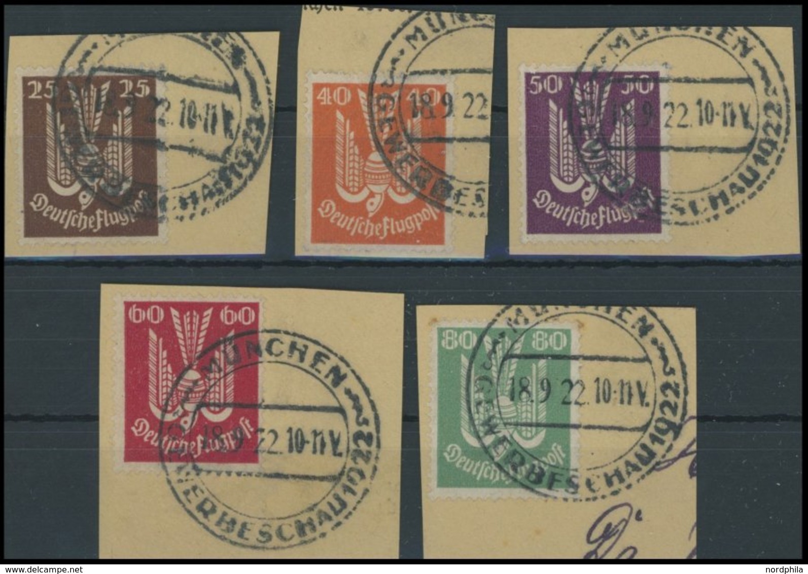 Dt. Reich 210-14 BrfStk, 1922, 25 - 80 Pf. Holztaube Auf Briefstücken Mit Sonderstempel MÜNCHEN GEWERBESCHAU, Fast Nur P - Used Stamps