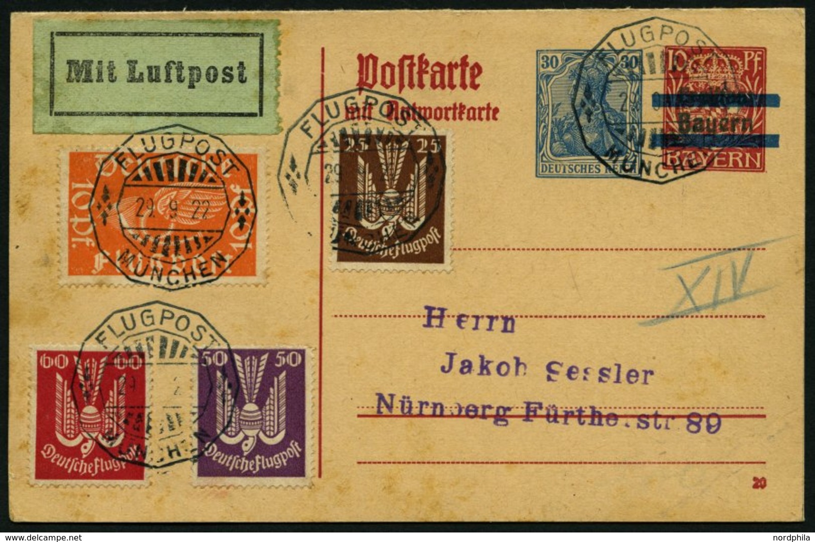 Dt. Reich 210,212/3 BRIEF, 1922, 25, 50 Und 60 Pf. Holztaube Auf P 134I/02, Luftpostkarte Von MÜNCHEN Nach Nürnberg, Fei - Gebraucht