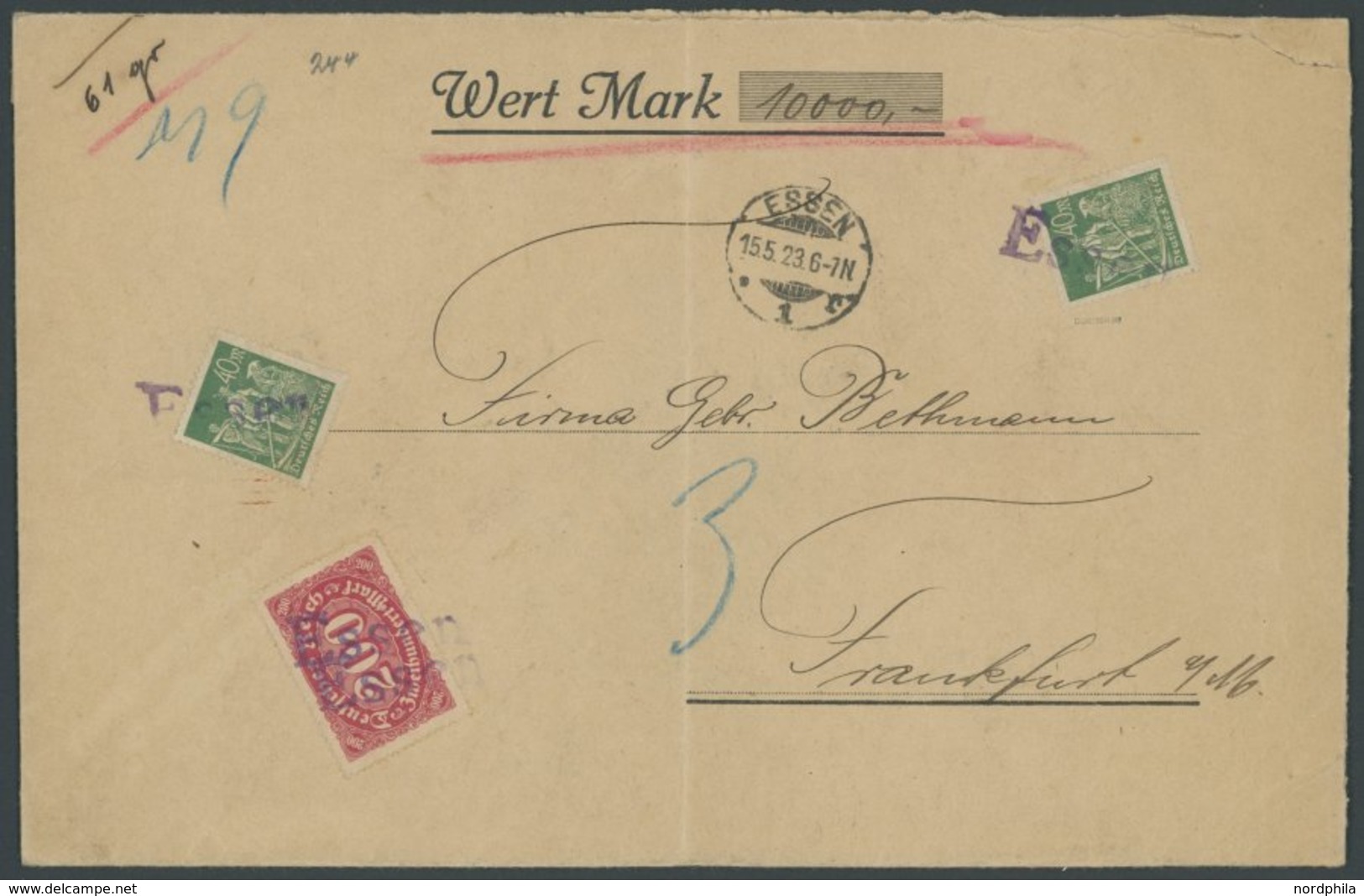 Dt. Reich 220,244 BRIEF, 1923, 280 M. (Mi.Nr. 220 U. 2x 244) Als 10.000 RM. Wertbrieffrankatur Auf Einfachem Wertbrief M - Used Stamps