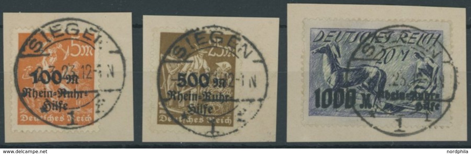 Dt. Reich 258-60 BrfStk, 1923, Rhein-und Ruhrhilfe Mit Zentrischen Stempeln SIEGEN, Prachtsatz Auf Briefstücken, Endwert - Used Stamps
