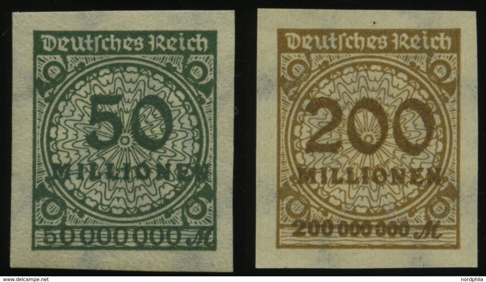 Dt. Reich 321U,323AU *, 1923, 50 Mio. M. Dunkelgrünoliv Und 200 Mio. M. Ockerbraun, Ungezähnt, 2 Prachtwerte, Mi. 200.- - Gebraucht