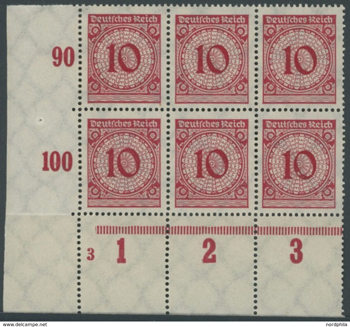 Dt. Reich 340Pa **, 1923, 10 Pf. Schwärzlichrosarot, Plattendruck, Im Sechserblock Aus Der Linken Unteren Bogenecke Mit  - Usati