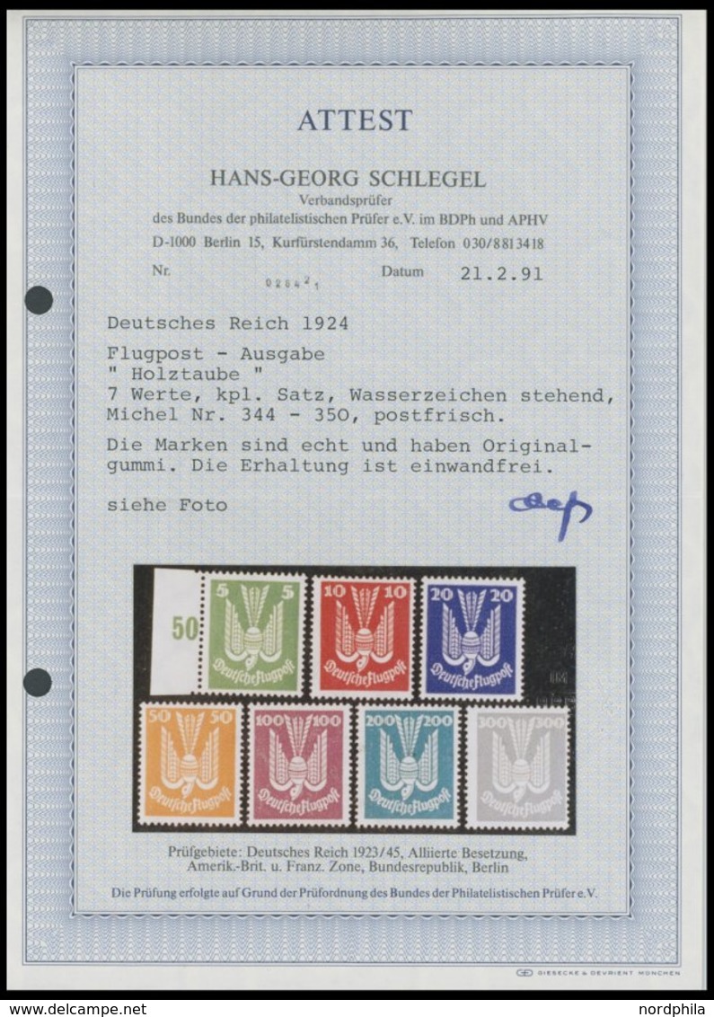 Dt. Reich 344-50 **, 1924, Holztaube, Postfrischer Prachtsatz, Unsigniert, Fotoattest H.G. Schlegel: Die Erhaltung Ist E - Usati