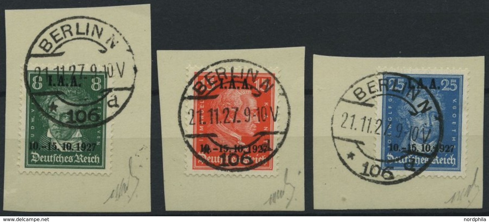 Dt. Reich 407-09 BrfStk, 1927, I.A.A. Auf Briefstücken, Prachtsatz, Fotobefund H.D. Schlegel, Mi. 250.- - Used Stamps