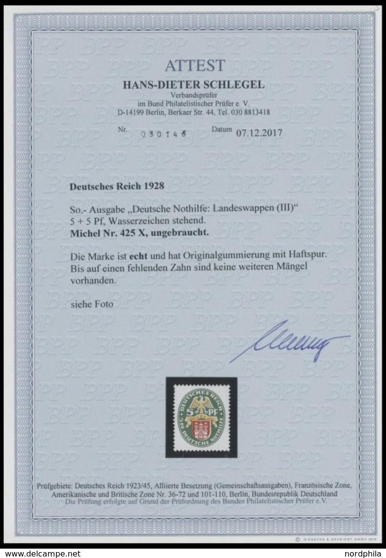 Dt. Reich 425X *, 1928, 5 Pf. Nothilfe, Wz. Stehend, Links Ein Kurzer Zahn Sonst Pracht, Fotoattest H.D. Schlegel, Mi. 4 - Used Stamps