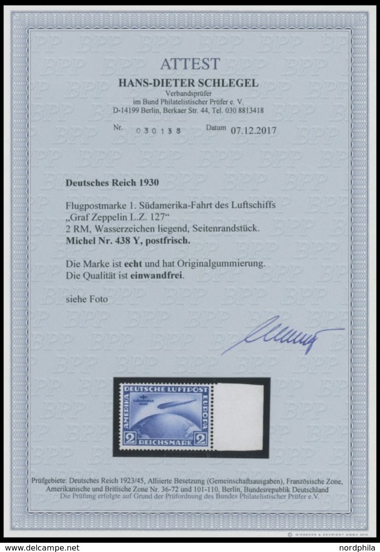 Dt. Reich 438Y **, 1930, 2 M. Südamerikafahrt, Wz. Liegend, Rechtes Seitenstück, Postfrisch, Pracht, Unsigniert, Fotoatt - Usados