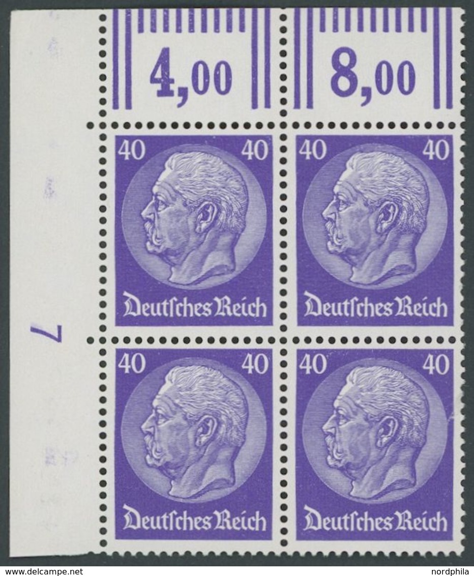 Dt. Reich 472WOR VB **, 1932, 40 Pf. Hindenburg, Walzendruck, Im Linken Oberen Eckrandviererblock, Postfrisch, Pracht, R - Oblitérés