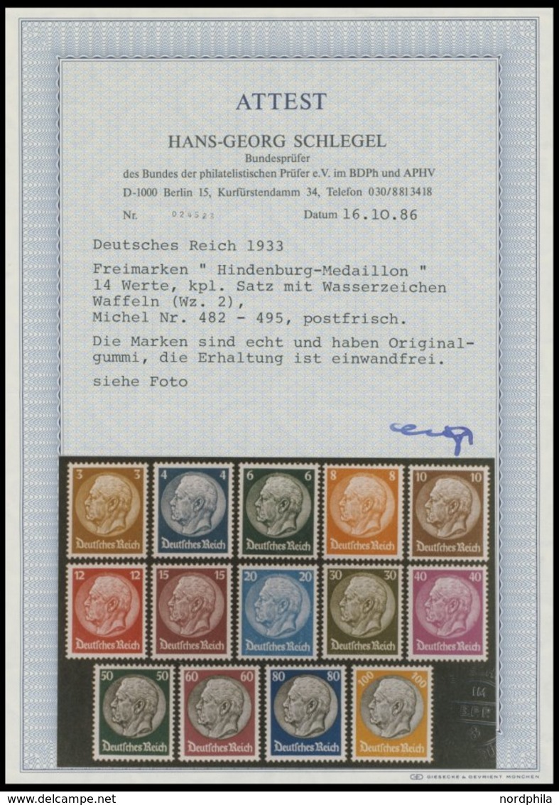 Dt. Reich 482-95 **, 1933, Hindenburg, Wz. 2, Postfrischer Prachtsatz, Unsigniert, Fotoattest H.G. Schlegel Die Erhaltun - Autres & Non Classés