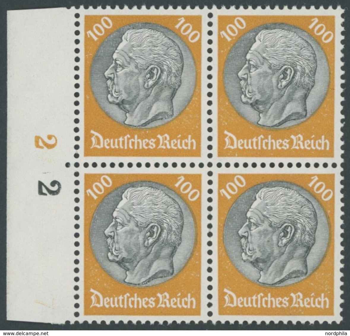Dt. Reich 495 VB **, 1933, 100 Pf. Hindenburg, Wz. 2, Im Linken Randviererblock, Postfrisch, Pracht, Mi. (720.-) - Altri & Non Classificati