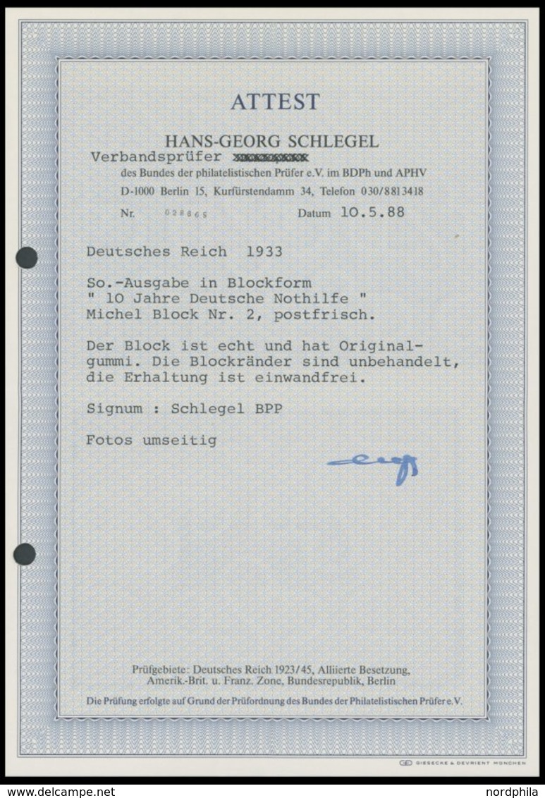 Dt. Reich Bl. 2 **, 1933, Block Nothilfe, Originalgröße, Postfrisch, Pracht, Signiert Schlegel Und Fotoattest H.G. Schle - Otros & Sin Clasificación