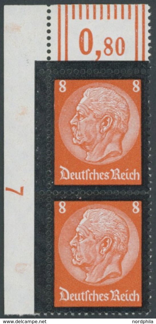 Dt. Reich 551WOR **, 1934, 8 Pf. Hindenburg-Trauer, Walzendruck, Im Senkrechten Paar Aus Der Linken Oberen Bogenecke Mit - Autres & Non Classés