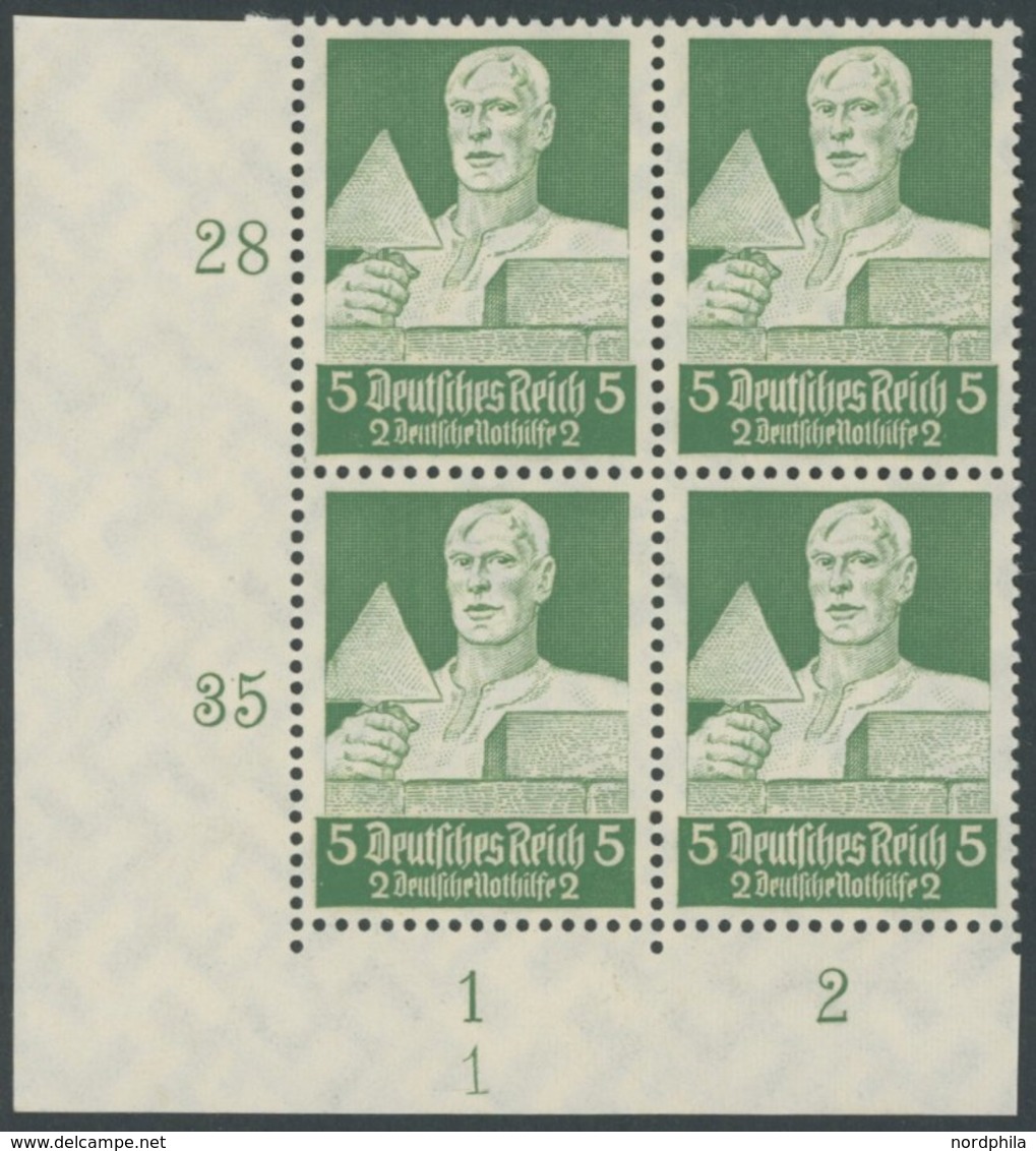 Dt. Reich 558 VB **, 1934, 4 Pf. Stände Im Unteren Linken Eckrandviererblock Mit Form Nr. 1, Postfrisch, Pracht - Other & Unclassified